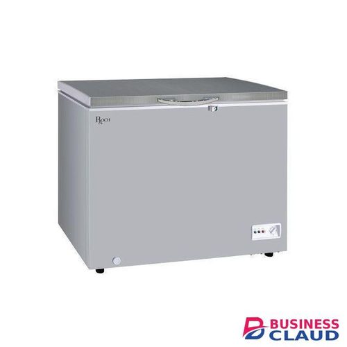 Roch 250 chest freezer wit adjustable thermostat and light basket removable silver 5yr warranty
