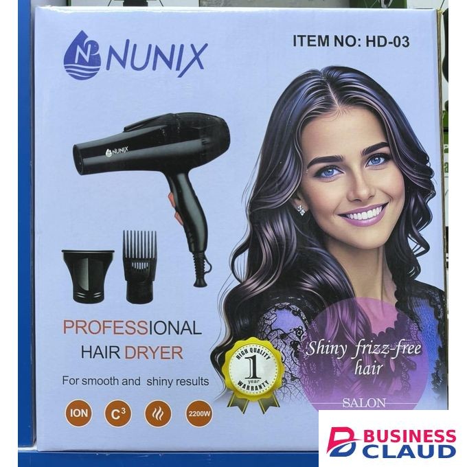Nunix Professional Hair Dryer 2200W, Ionic Technology, 2 Attachments