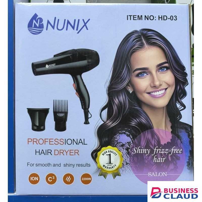 Nunix HD 03 Professional Hair Dryer 2200W, Ionic Technology, 2 Attachments