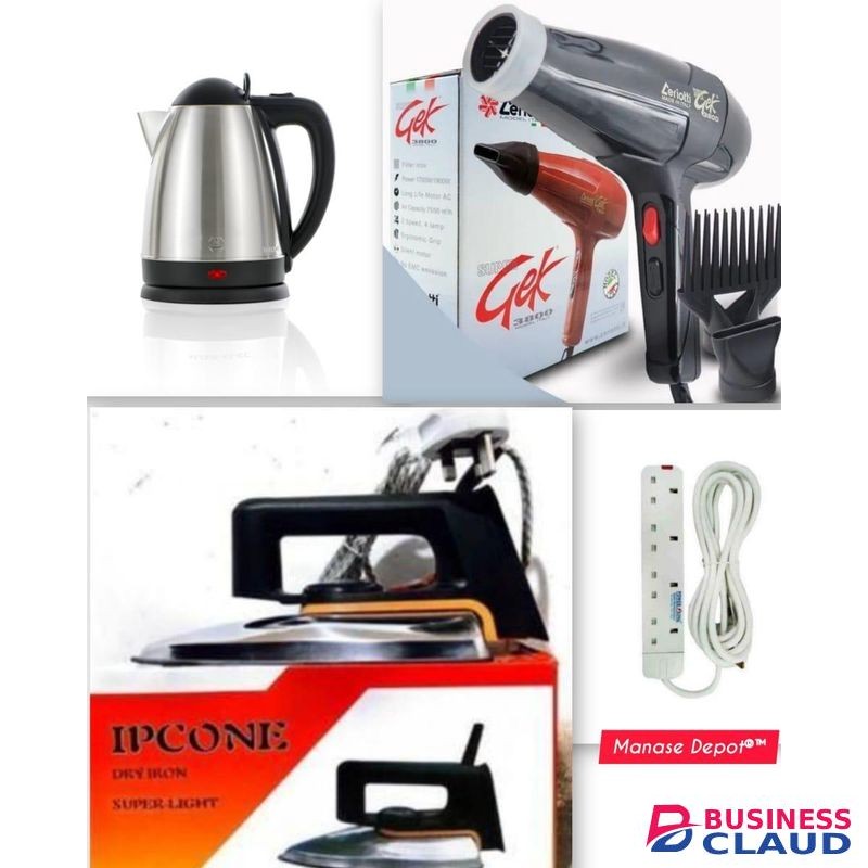 Ceriotti Hair Blow Dryer + Complete Home Kit: Dry Iron, 4-Way Extension, 1.8L Electric Kettle - Styling, Ironing & Boiling Combo Set