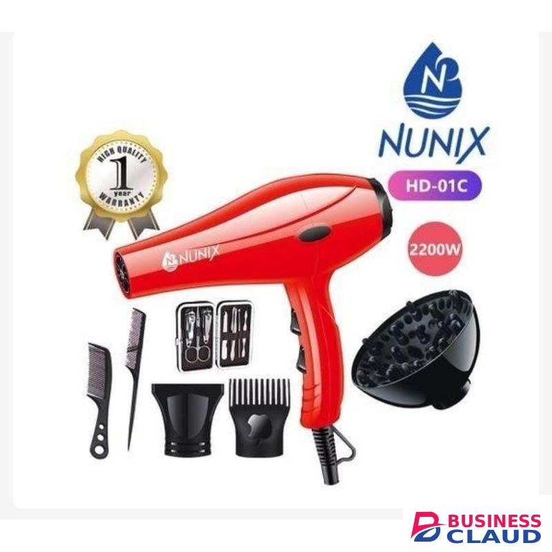 Nunix Home/ Salon Hair Dryer With 2 Selectable Speeds and 3 Heats Settings. 2200W. 1 Professional Blow Dry, 1 Curls Diffuser, 1 Manicure Set, 2 Combs, 2 Nozzles.