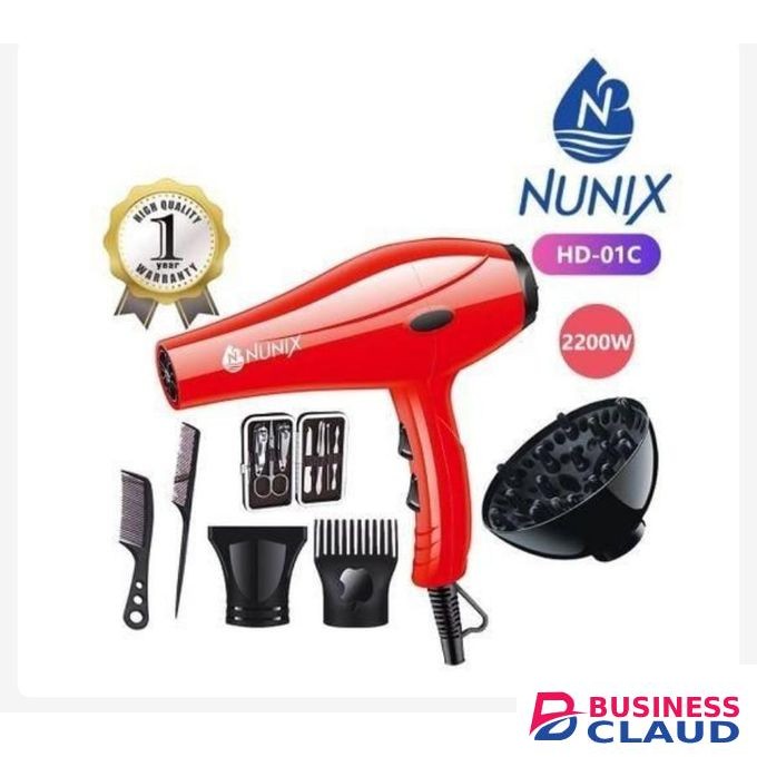 Nunix Heavy Duty Hair Dryer With 2 Selectable Speeds and 3 Heats Settings. 2200W. 1 Professional Blow Dry, 1 Curls Diffuser, 1 Manicure Set, 2 Combs, 2 Nozzles.