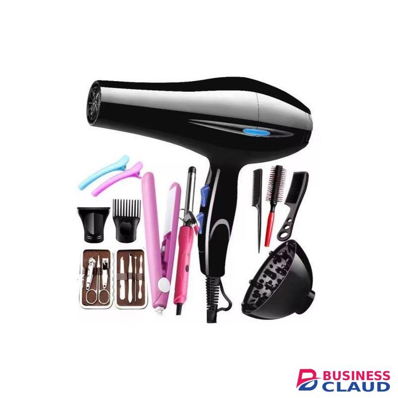 Canye Professional salon and home Hair Drier/ Straightener/blowdry. With 12 Pieces Accessories - Blowdry, 2 Attachments, Diffuser, Flat Iron, Tongs, 3 Combs, Nail Tools, 2 Clips.