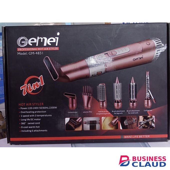 Gemei Gemei-Professional Hot Air Styler GM 4831 with 1 Speed, 3 Temperatures, Overheat Protection, 6 Attachments, 2200W Powerful Hair Dryer for Salon and Home Styling