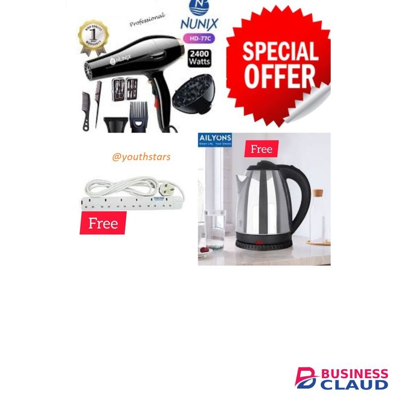 Nunix 2400W Pro Hair Blow Dry +AccessorieS + 1.8L KETTLE+4 WAY EXTN