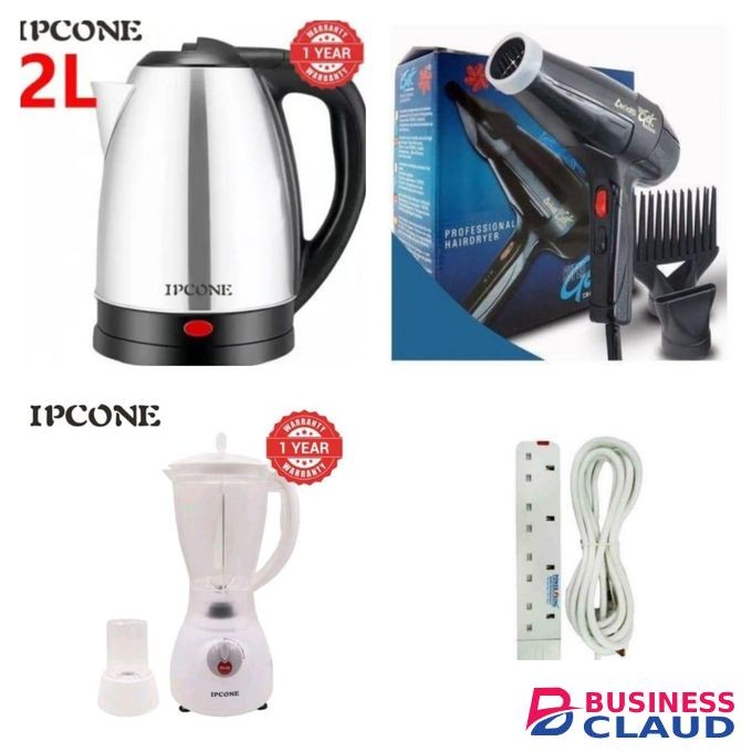 IPCONE 2L Electric Kettle + Ceriotti Hair Dryer + Blender + 4-Way Extension Socket – 4 in 1 Home Appliance Combo
