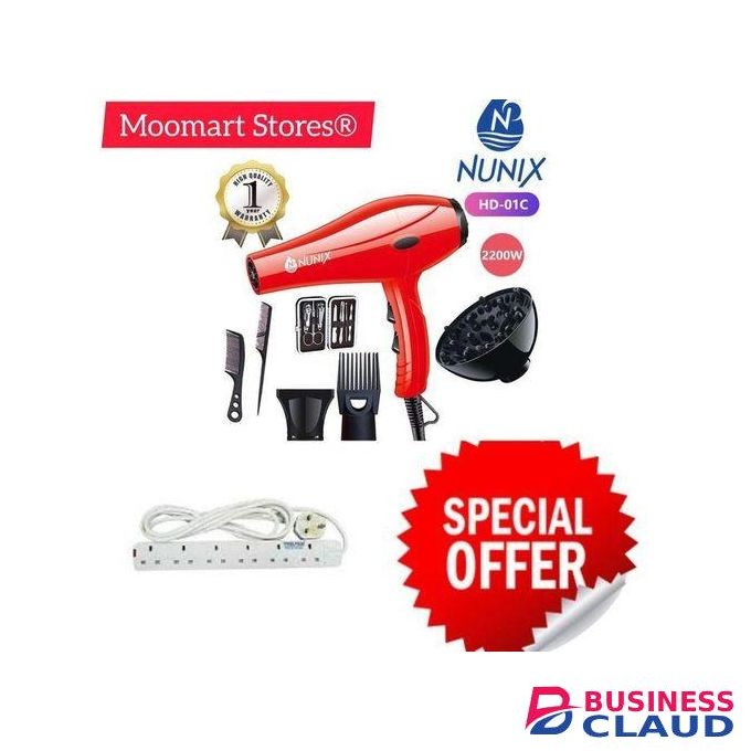 Nunix BLOW DRIER 2200W WITH ACCESORIES + FREE 4WAY POWER EXTENSION