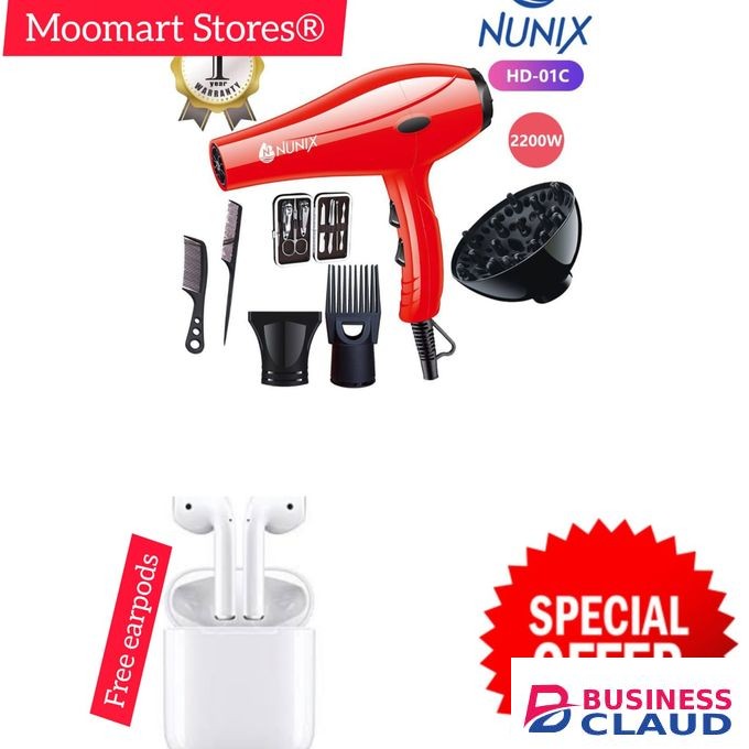 Nunix BLOW DRIER 2200W WITH ACCESORIES + FREE EARPODS