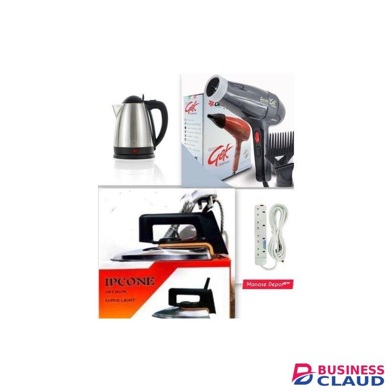Gek Ceriotti Hair Blow Dryer + Complete Home Kit: Dry Iron, 4-Way Extension, 1.8L Electric Kettle - Styling, Ironing & Boiling Combo Set