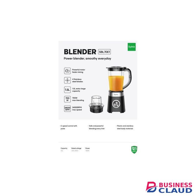 Synix 2-in-1 Blender – 1.5L Unbreakable Jar & Safety Lock System 700W Stainless Steel Motor High-Speed Blending & Grinding