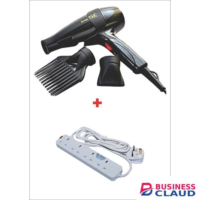 Super GEK 3000 Hairdryer - 1700W - Black With 4-Way Socket Extension Cable - White