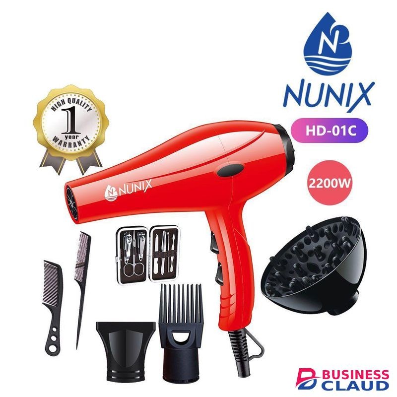 Nunix -HD-01C Professional Red Blow Dryer with Accessories – High Power Hair Styling Tool for Salon and Home Use