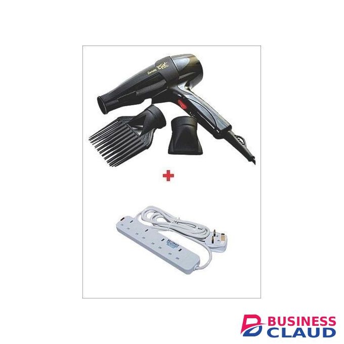 Ceriotti Super GEK 3000 Hairdryer - 1700W - Black With Heavy Duty 4-Way Socket Extension Cable - White