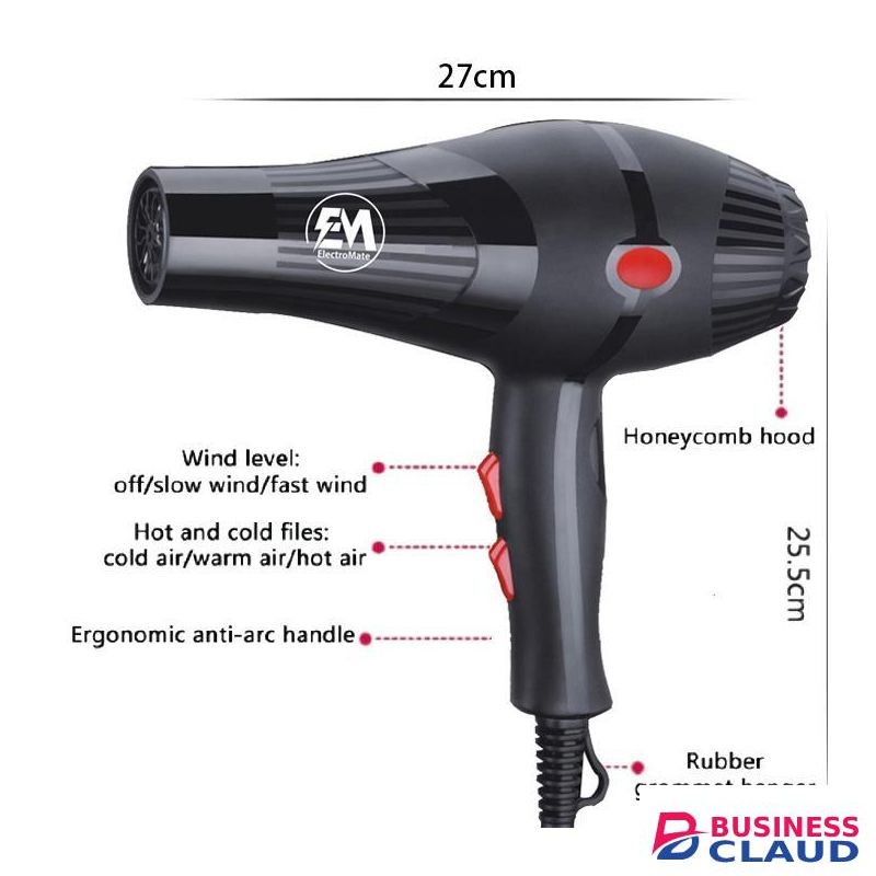 Em Blow Dryer Hair Blower 2200W with 3 Speed & 2 Temperature Settings, Black HD02 (1YR WRTY)