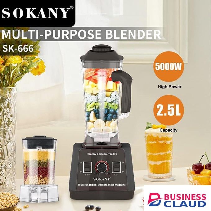 Sokany SK-666 multi purpose 2 IN 1 Commercial blender juicer food processor 5000watts high power 2.5ltrs, 6 stainless blade, copper motor, 9 speed variation