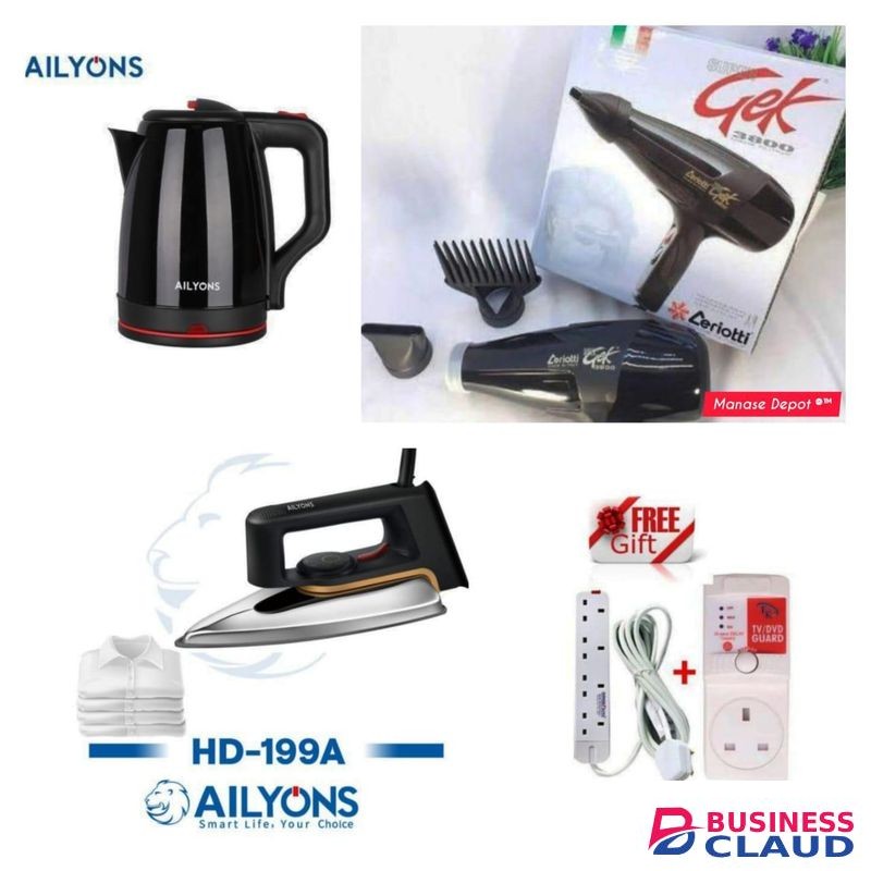 Ceriotti Professional Blow Dryer + Ailyons 2.2L Electric Kettle + Ipcone Iron Box + 4-Way Extension + T-Guard – 5 in 1 Combo Set