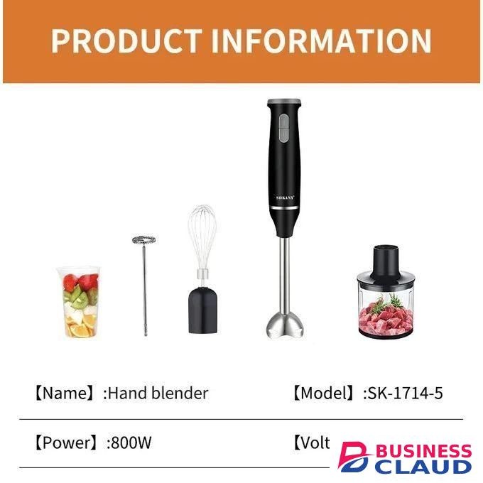 Sokany Household Multifunctional 5 In 1 Hand Blender, PowerBell Plus Technology, Splash Control, Ergonomic Shape, Comfortable Soft Grip, 800 Watts, 500 Ml Chopper