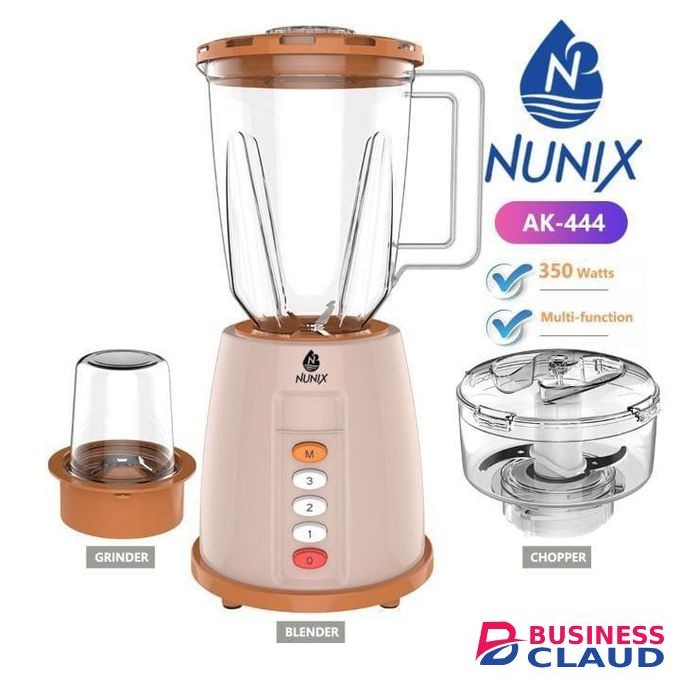 Nunix Nunix-Powerful 3 In 1 Blender, Grinder & Chopper AK-444 with 1.5L Jar, Quad Blades, 350W Motor, Heat Fuse Protection, Three Pin Plug, 220V 50-60Hz