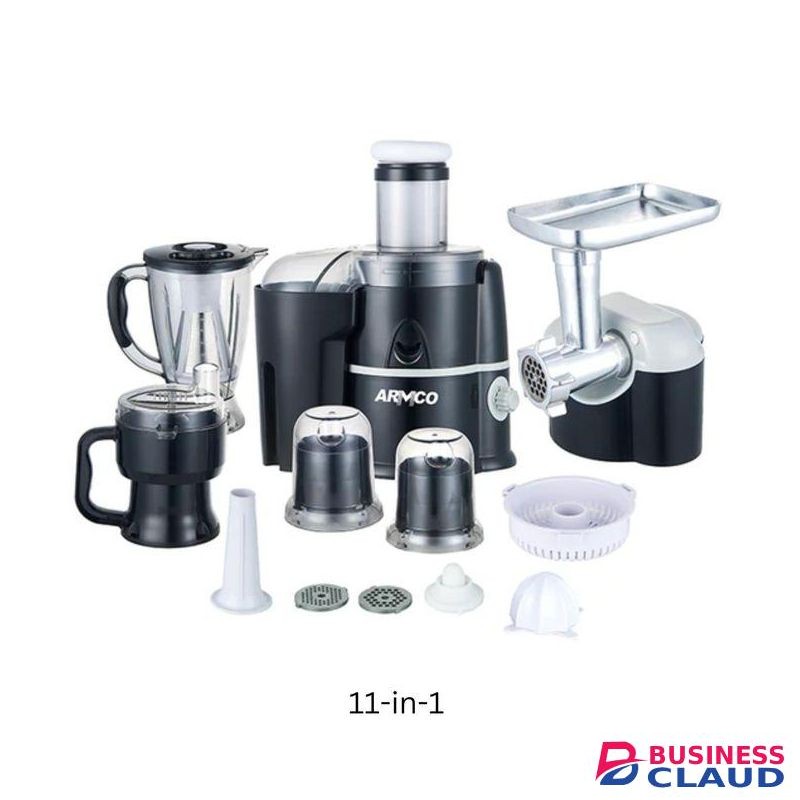 Armco Food Processor Factory Juicer, Blender Unbreakable Jug, Grinder, Meat Mincer, Slicer, Shredder, Wet Mill, Filter, Chopper, Citrus Juicer, Egg Whisker, Spatula, 500W, Elegant Silver And Black Finish 1yr Warranty.