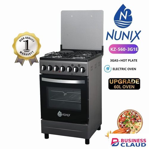 Nunix Standing Cooker with 3 Gas Burners, 1 Electric Hotplate, and Upgraded 60L Electric Oven