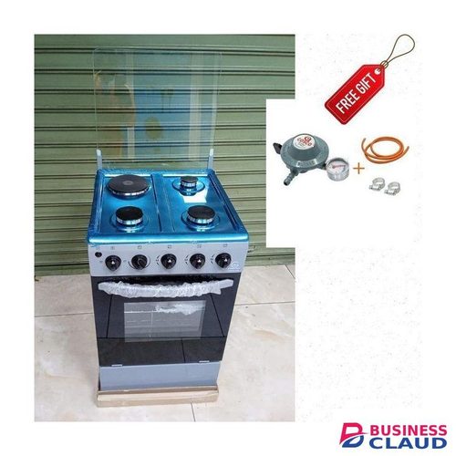 Eurochef Standing Cooker 50x50cm 3Gas + Electric Hotplate With Electric Oven Automatic Ignition Glass Lid Top Cover 1yr Warranty- Silver -With FREE Gifts