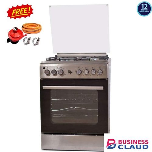 BJS Standing Cooker 3Gas + 1HotPlate with Electric Oven Turbo Fan Assisted Glass Top Cover with Food Warmer Compartment Plus Free Gifts 13kg Regulator, 1.5M Gas Delivery Pipe and 2pc Pipe Tighteners - Inox/ Silver Color