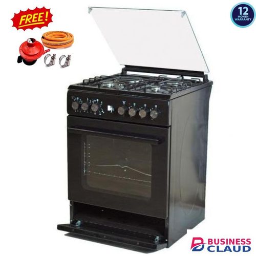 BJS Standing Cooker 3Gas +1HotPlate With Electric Oven Turbo Fan Assisted Glass Top Cover With Food Warmer Compartment Plus Free Gifts 13kg Regulator, 1.5M Gas Delivery Pipe And 2pc Pipe Tighteners - Black Color