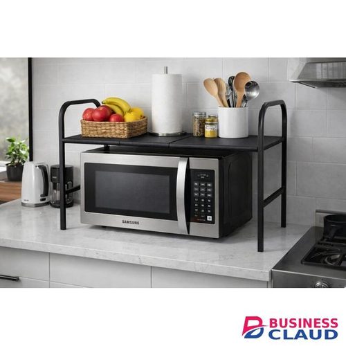 Extendable Minimalist Microwave Stand Adjustable Kitchen Counter Storage Organizer Space-Saving Durable Rack for Oven Toaster Appliances