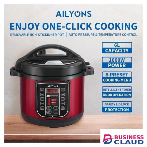 AILYONS EPC-6A1 Deluxe 6L 1000W Automatic Electric Pressure Cooker – Fast, Safe & Smart Cooking In Stylish Red With 8 Preset Programs And Intelligent Timer Control