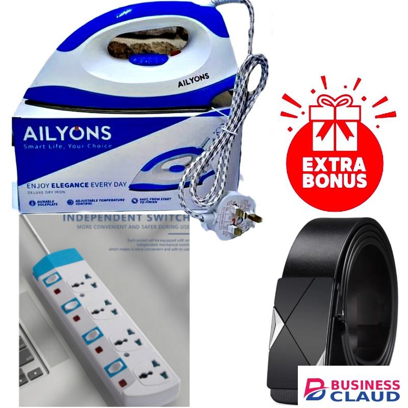 AILYONS AFFORDABLE HIGH QUALITY Electric Box Dry Iron Box - 1000W For Ironing Clothes Official Shirts & Trousers + EXTRA BONUS BEST 4 WAY // 4-WAY POWER SUPPLY EXTENSION With SAFETY SWITCHES & MEN'S LEATHER BELT