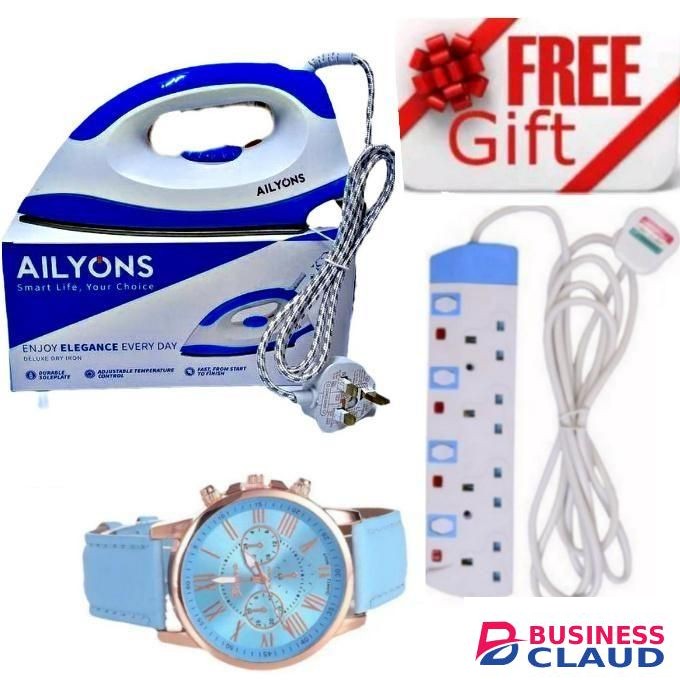 AILYONS Energy Saving 1000W Electric Dry Iron Box For Ironing Clothes + EXTRA GIFT 4-WAY POWER EXTENSION CABLE SOCKET WITH SAFETY SWITCHES & WATCH