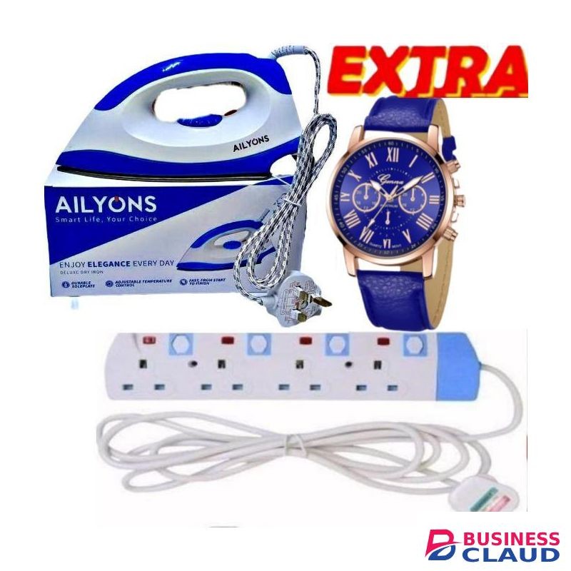 AILYONS Energy Saving Electric Iron Box With Over heating protection + 4-WAY POWER EXTENSION CABLE SOCKET WITH SAFETY SWITCHES & WATCH