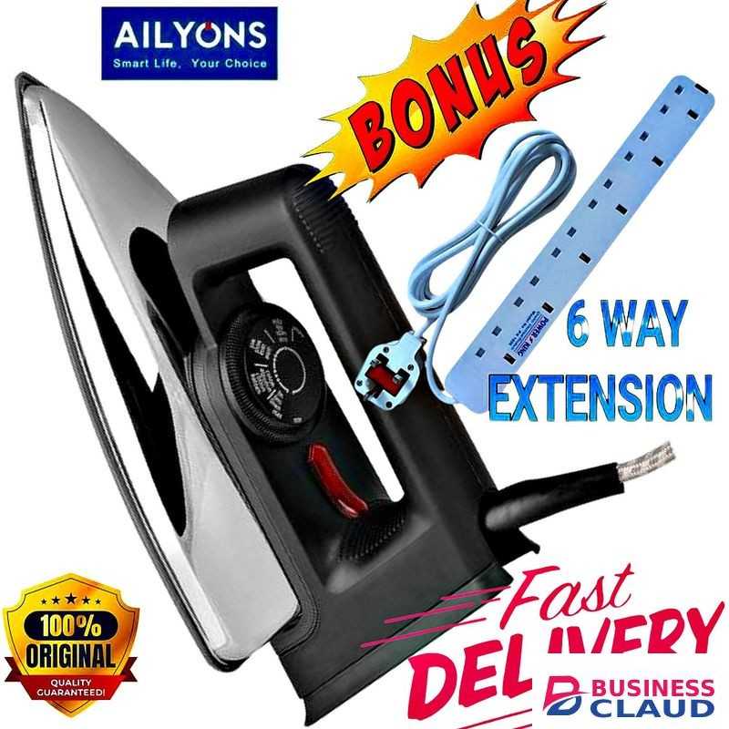 AILYONS Dry Iron Box With Titanium Teflon Non-stick Soleplate + TV Guard + 6 Way Electric Power Extension + 6 Way Electric Power Extension