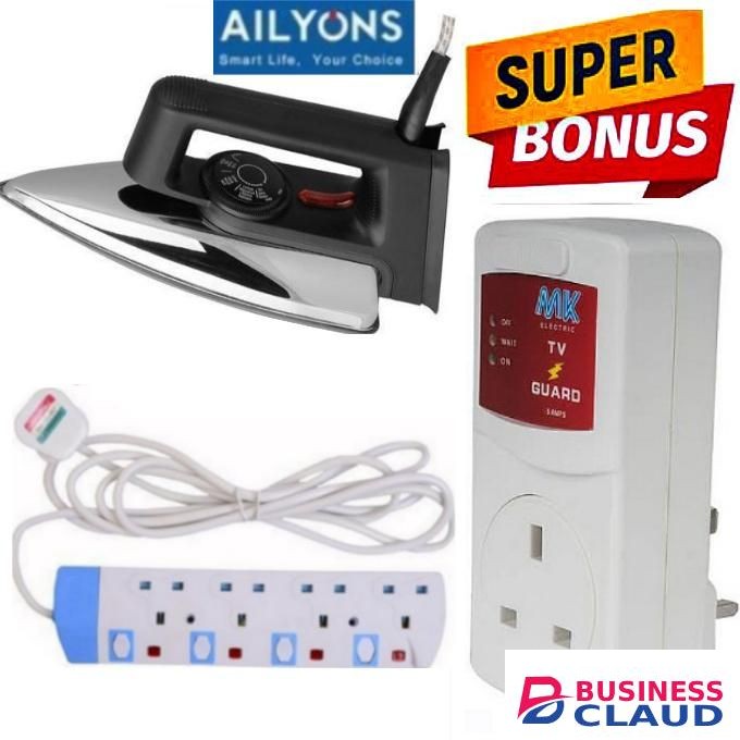AILYONS Efficient 1000W Dry Iron Box With Overheating Protection And Teflon Soleplate // Electric Iron Box -1000W + EXTRA GIFTS TV Guard Surge Protector & 4 Way Power Extension Cable Socket With Safety Switches