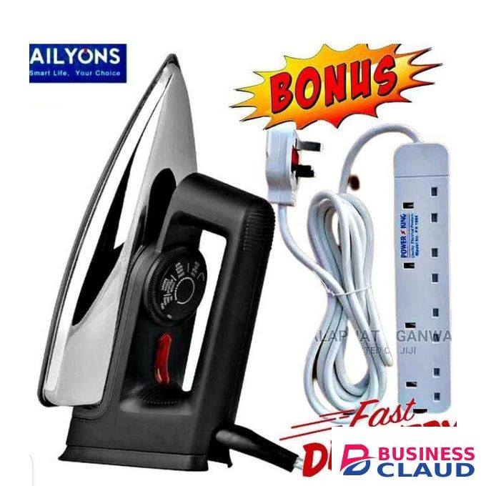 AILYONS High Quality Electric Dry iron Box 1000W with Titanium Teflon Non Stick Soloplate /Iron box + Free 4 way extension Cable Socket