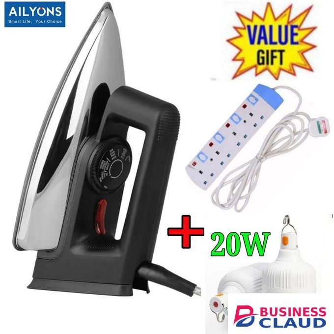 AILYONS Quality Dry Iron Box With Titanium Teflon Non-Stick Soleplate +Free Quality 4 Way Power Extension +20W Rechargeable Bulb