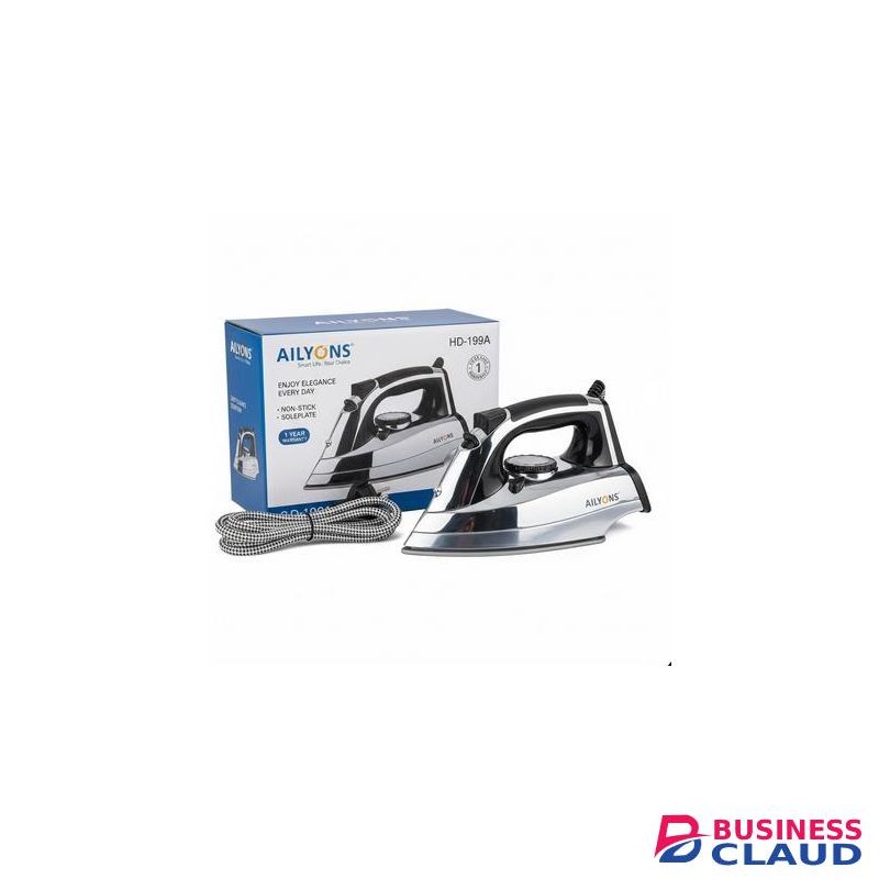 21 G AILYONS HD-199A Electric Dry Iron Box - 1200W Heavy Duty Non-Stick - Silver & Black