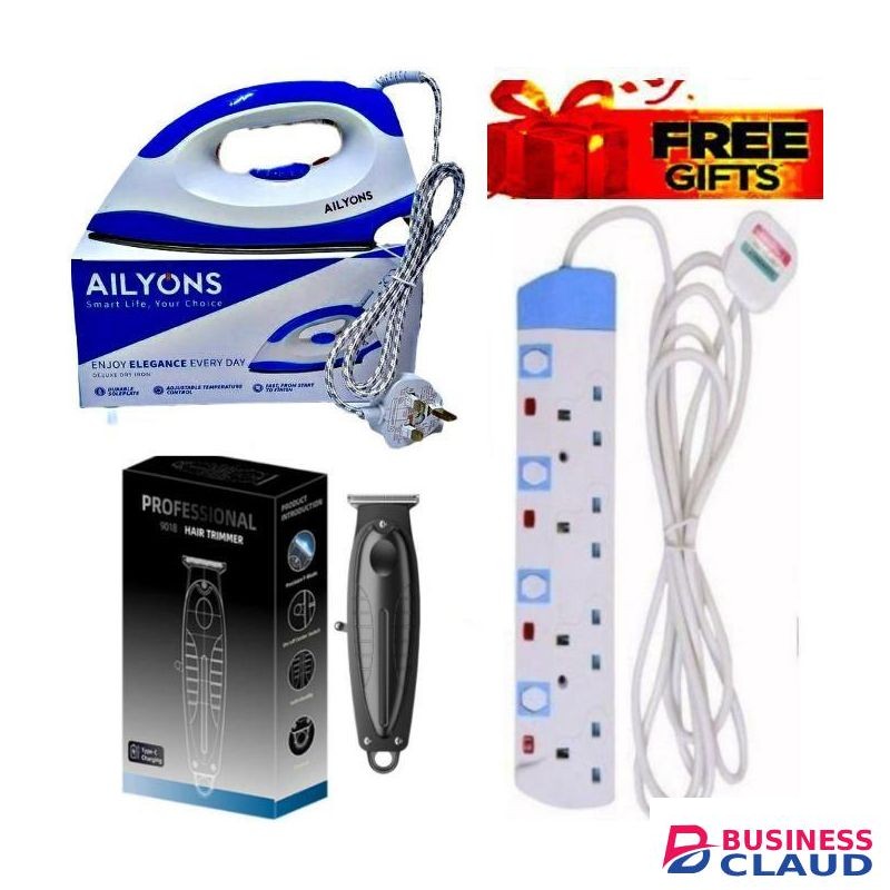 AILYONS User-Friendly 1000W Electric Dry Iron Box // IronBox for Smooth Ironing + Best Kinyozi Hair Shaving Machine Sharp & Powerful Rechargeable Clipper + EXTRA GIFT 4 WAY POWER EXTENSION Cable Socket