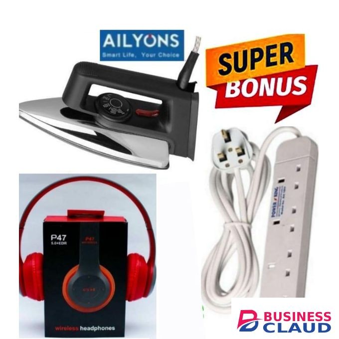 AILYONS Electric Dry Iron Box + P47 Headphones(color may vary) + 4 way Extension(Headphones color may vary)