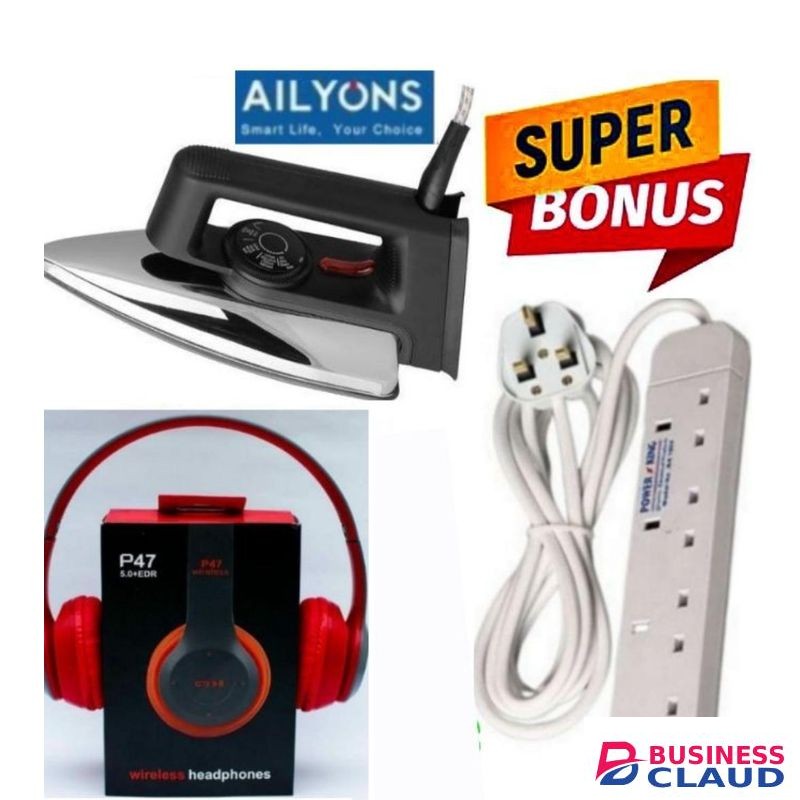 AILYONS ELECTRIC DRY IRON BOX SILVER,BEST CLOTHES IRON BOX-1000W IRONING MACHINE TITANIUM ELECTRIC DELUXE IRON BOX-1000W + FREE GIFT ADJUSTABLE BLUETOOTH WIRELESS EARBUDS,HEADPHONES & 4 WAY POWER EXTENSION