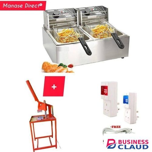Nunix DOUBLE COMMERCIAL DEEP FRYER 6+6 LITRES TANKS PLUS COMMERCIAL CHIPS CUTTER PLUS FREE TV GUARD FRIDGE GUARD 4 WAY SOCKET