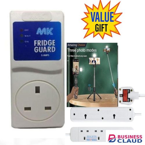 MK Electric Fridge Guard Plus Free 4-Way Extension Cable + TRIPOD STAND FOR PHONES and 4 way power extension
