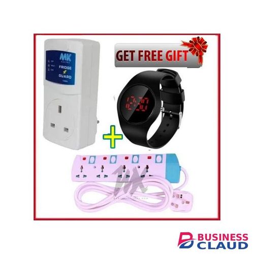 MK Electronics Fridge Guard,Surge Protector,super Quality + 4 Way power extension cable & Watch Bonus