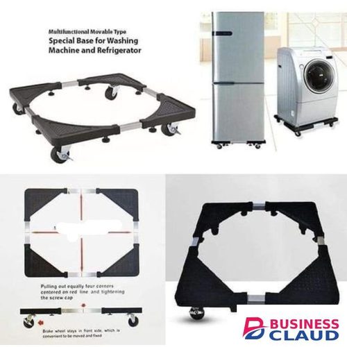 Adjustable portable stand for fridge or washing machine. Strong, durable design with sturdy wheels for easy movement, vibration reduction, and floor protection. Fits most appliance sizes