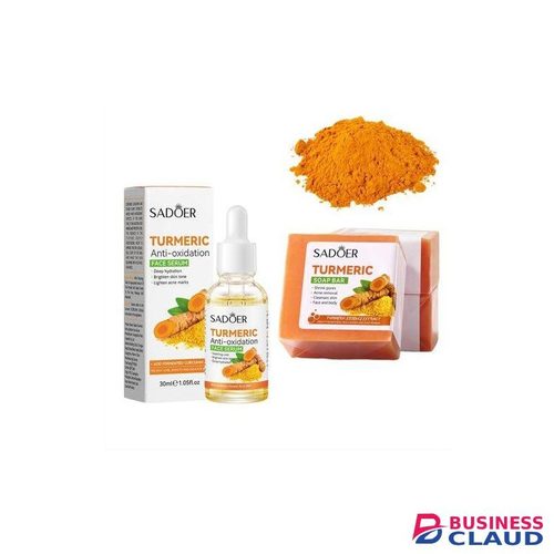 SADOER 2 In 1 Organic Tumeric Soap For Hyperpigmentation And Dark Spots + Turmeric Anti Oxidation Face Serum