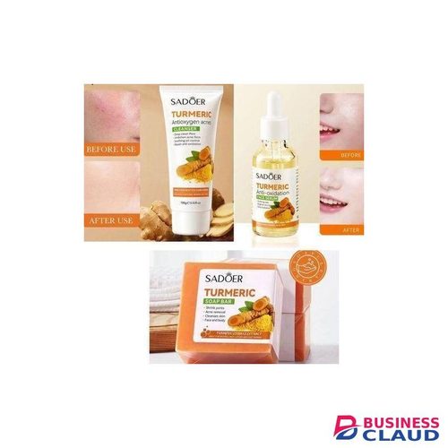 SADOER 3 in 1, Turmeric Serum + Turmeric Cleanser + Tumeric Soap, Anti Ace, Oil Control and Moisturizing Combo