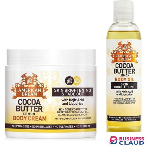 American Dream Cocoa Butter Lemon Body Oil & Cocoa Butter Lemon Body Cream Set for Skin Brightening. Full Size Products