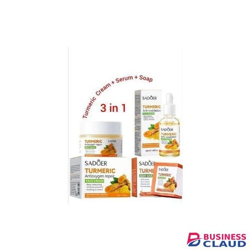 SADOER 3 Packs Turmeric Soap Bar + Serum + Cream Skin Care For Shower, Smoothing And Cleanses Skin Face Wash Soap Face Serum, Face Wash Oily Skin Bar Soap For Face And Body