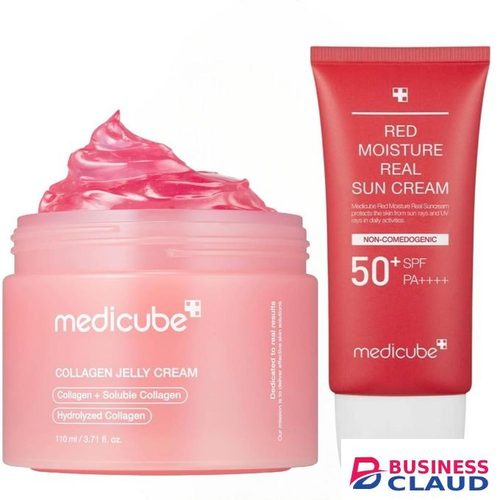Medicube Collagen Jelly Cream With Niacinamide & Squalane + Red Moisture Sun Cream. Gives A Korean Glass Glows, Deeply Hydrates, Removes Wrinkles, Dark Spots, Acne, Scars, Evens The Skin Tone, Protects The Skin From Sunlight & Blocks UV Rays