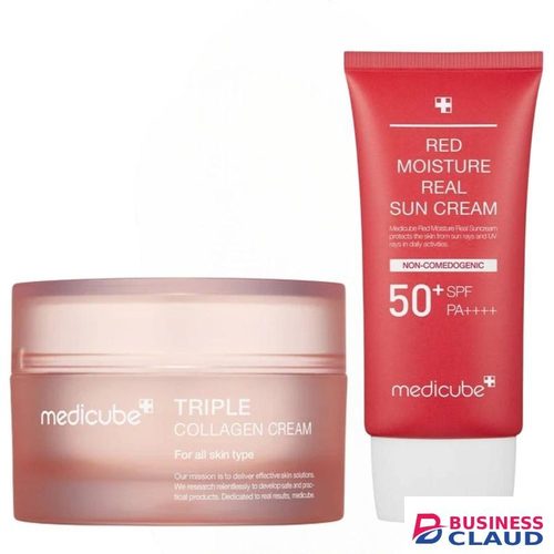 Medicube Triple Collagen Cream With Niacinamide + Red Moisture Real Sun Cream SPF 50+. Moisturizes, Firms, Enhances Elasticity, Removes Dark Spots, Wrinkles, Hyperpigmentations, Freckles, Dullness, Provides Tight UV Protection, Make Skin Young & More Radi